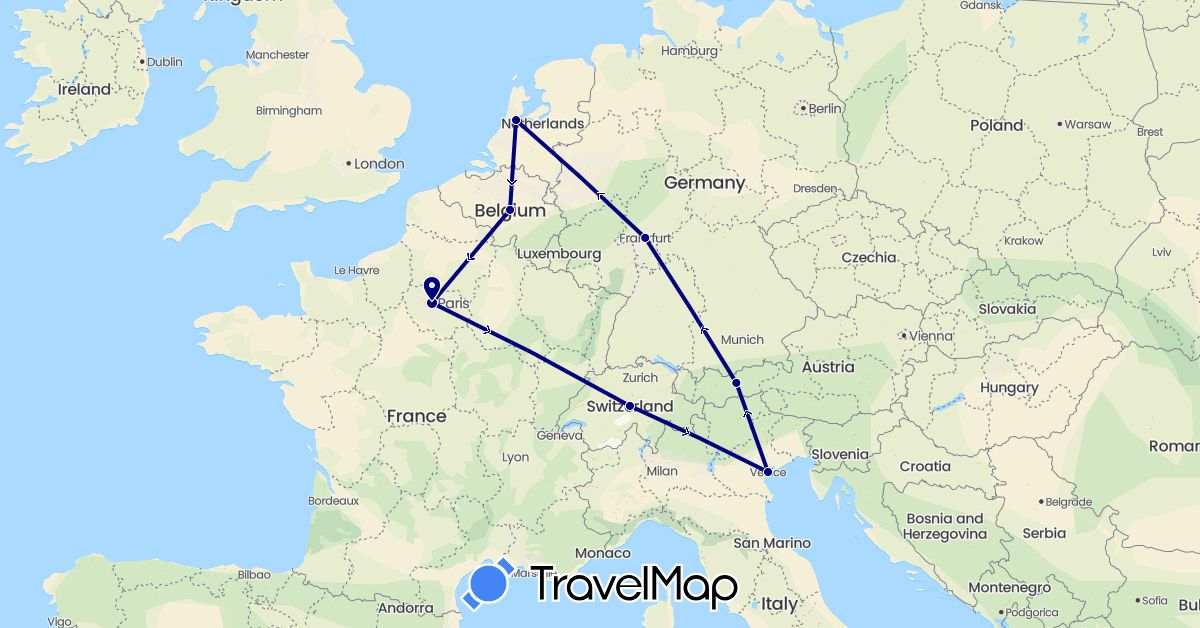 TravelMap itinerary: driving in Austria, Belgium, Switzerland, Germany, France, Italy, Netherlands (Europe)
