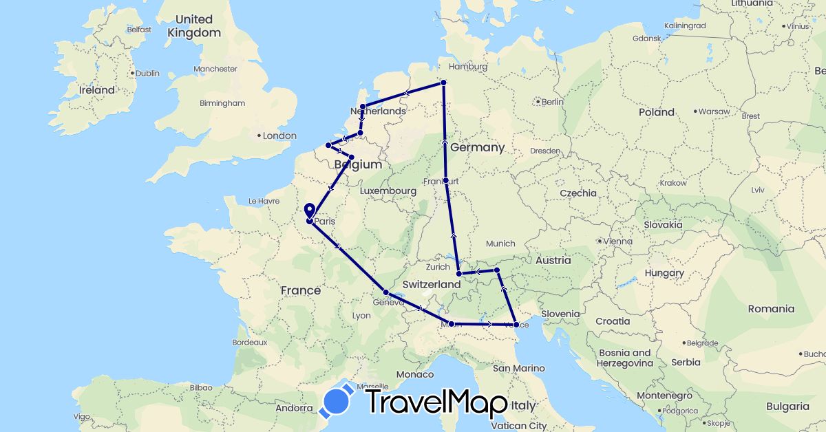 TravelMap itinerary: driving in Austria, Belgium, Germany, France, Italy, Liechtenstein, Netherlands (Europe)